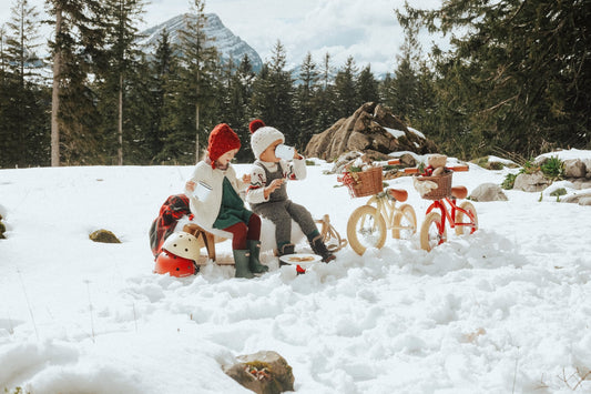 children sitting on sledge next to bikes on the snow