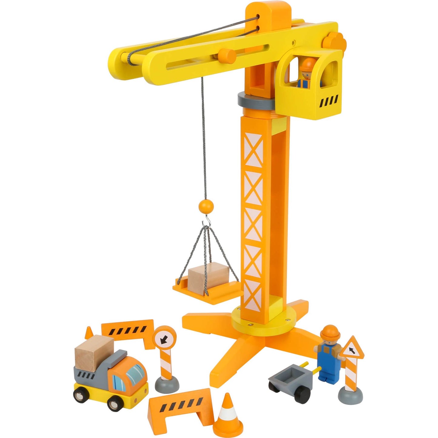 Small Foot Wooden Crane with Construction Site Accessories