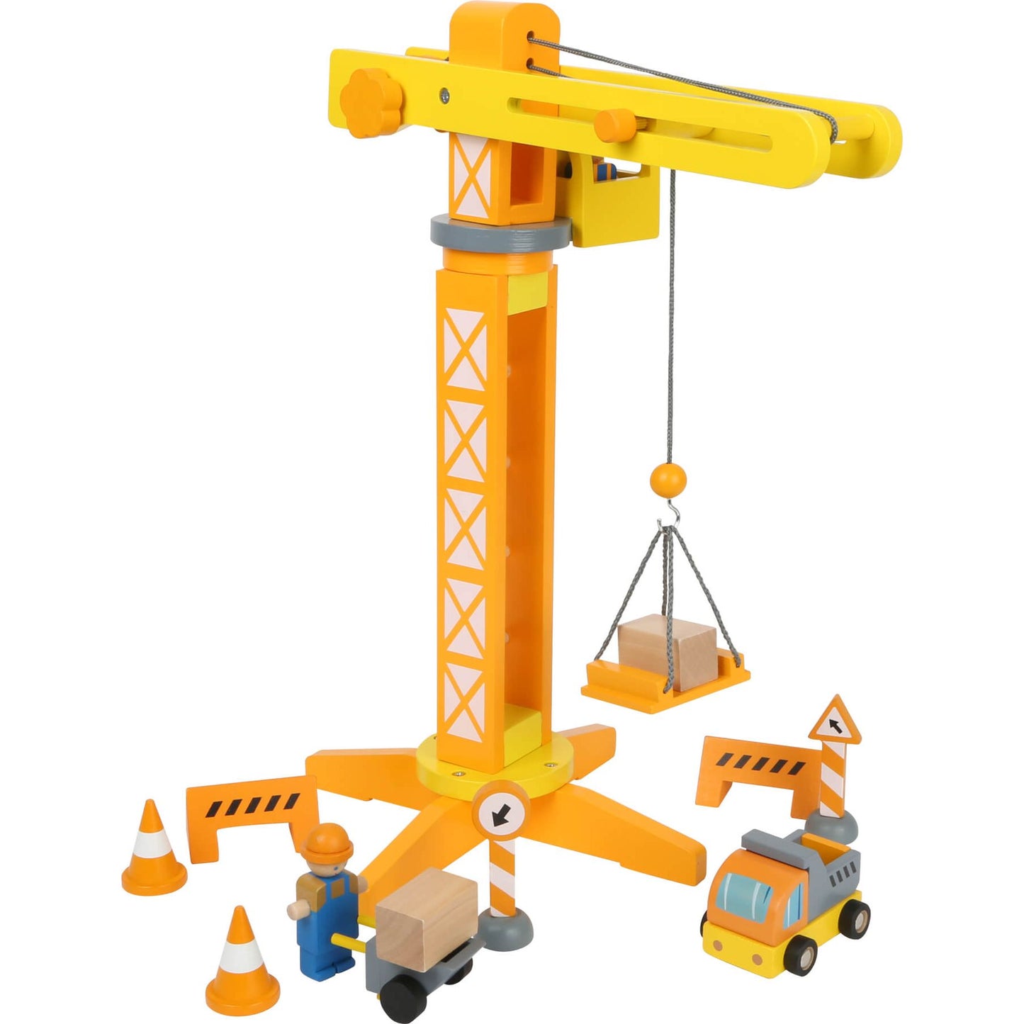 Small Foot Wooden Crane with Construction Site Accessories