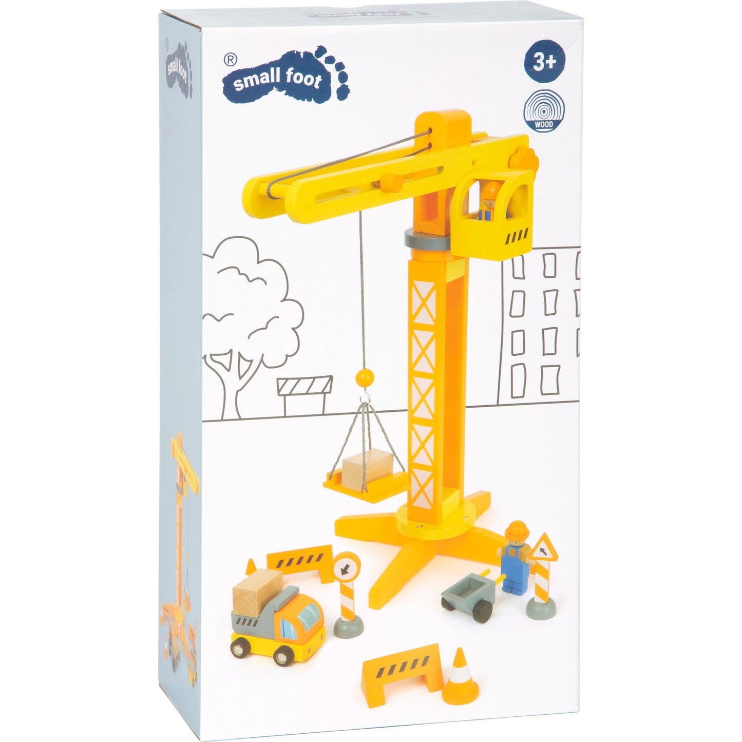 Small Foot Wooden Crane with Construction Site Accessories