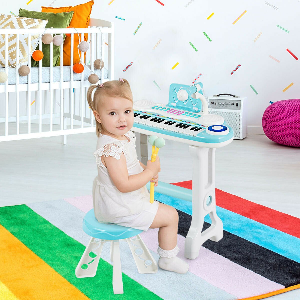 37-Key Kid's Toy Electronic Keyboard with Stool and Microphone-Blue