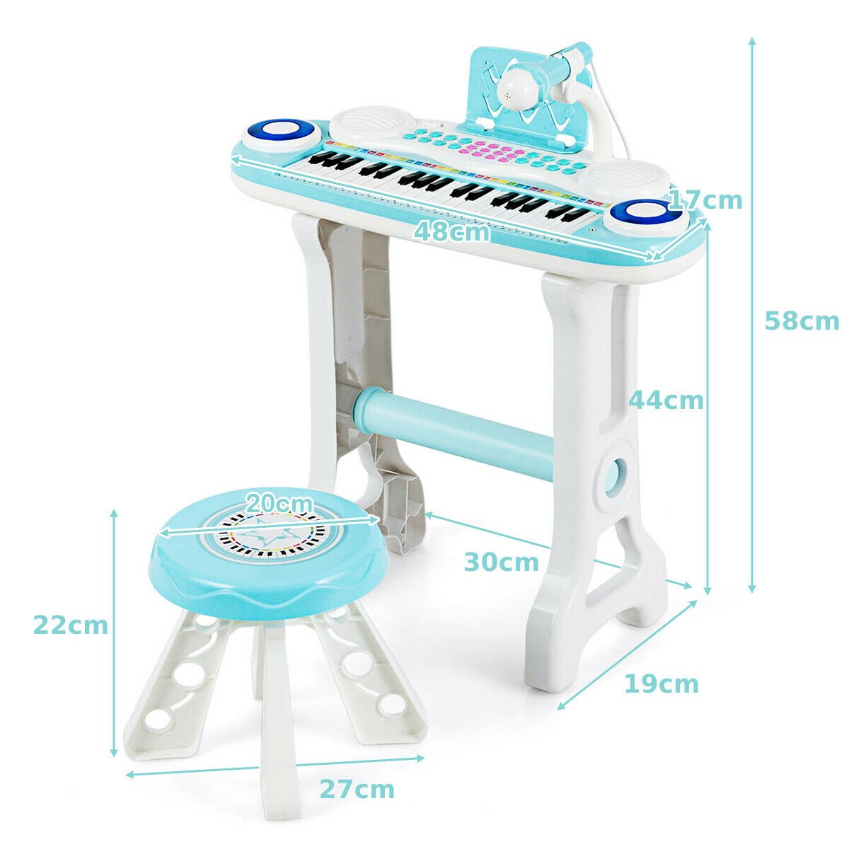 37-Key Kid's Toy Electronic Keyboard with Stool and Microphone-Blue