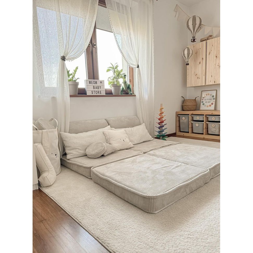MeowBaby Childrens Soft Play Sofa & Fold Out Bed - Corduroy Ecru - The Online Toy Shop3