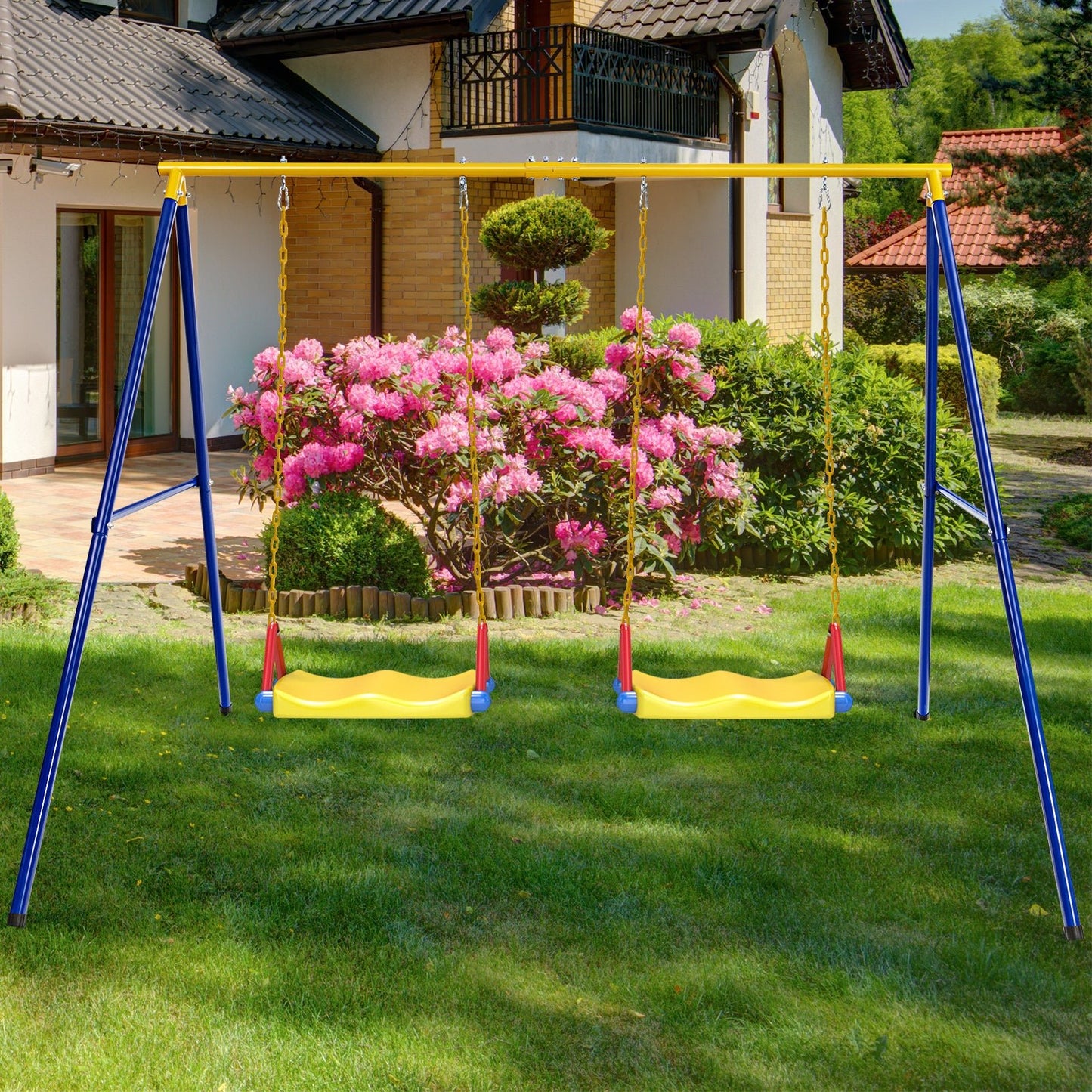 A-Shaped Metal Swing Frame with Anti-Slip Footpads-Blue & Yellow