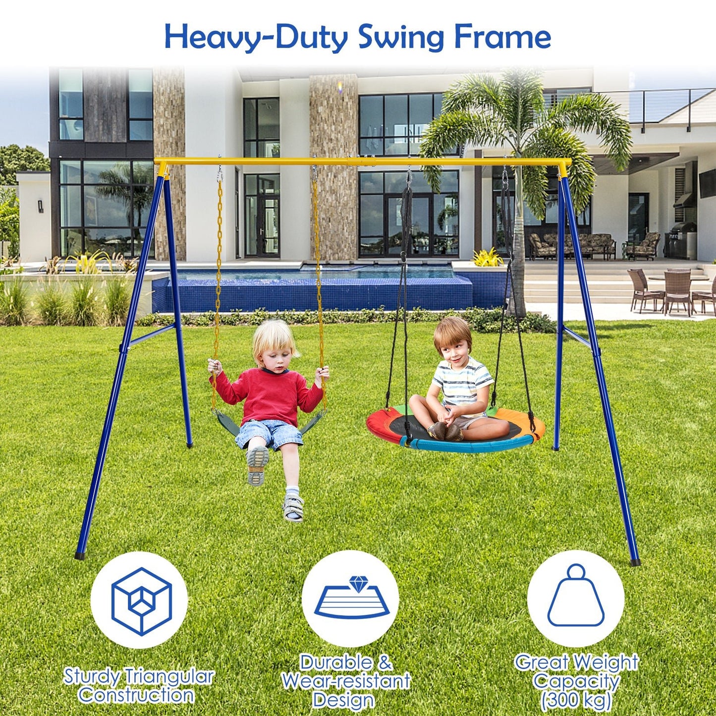 A-Shaped Metal Swing Frame with Anti-Slip Footpads-Blue & Yellow