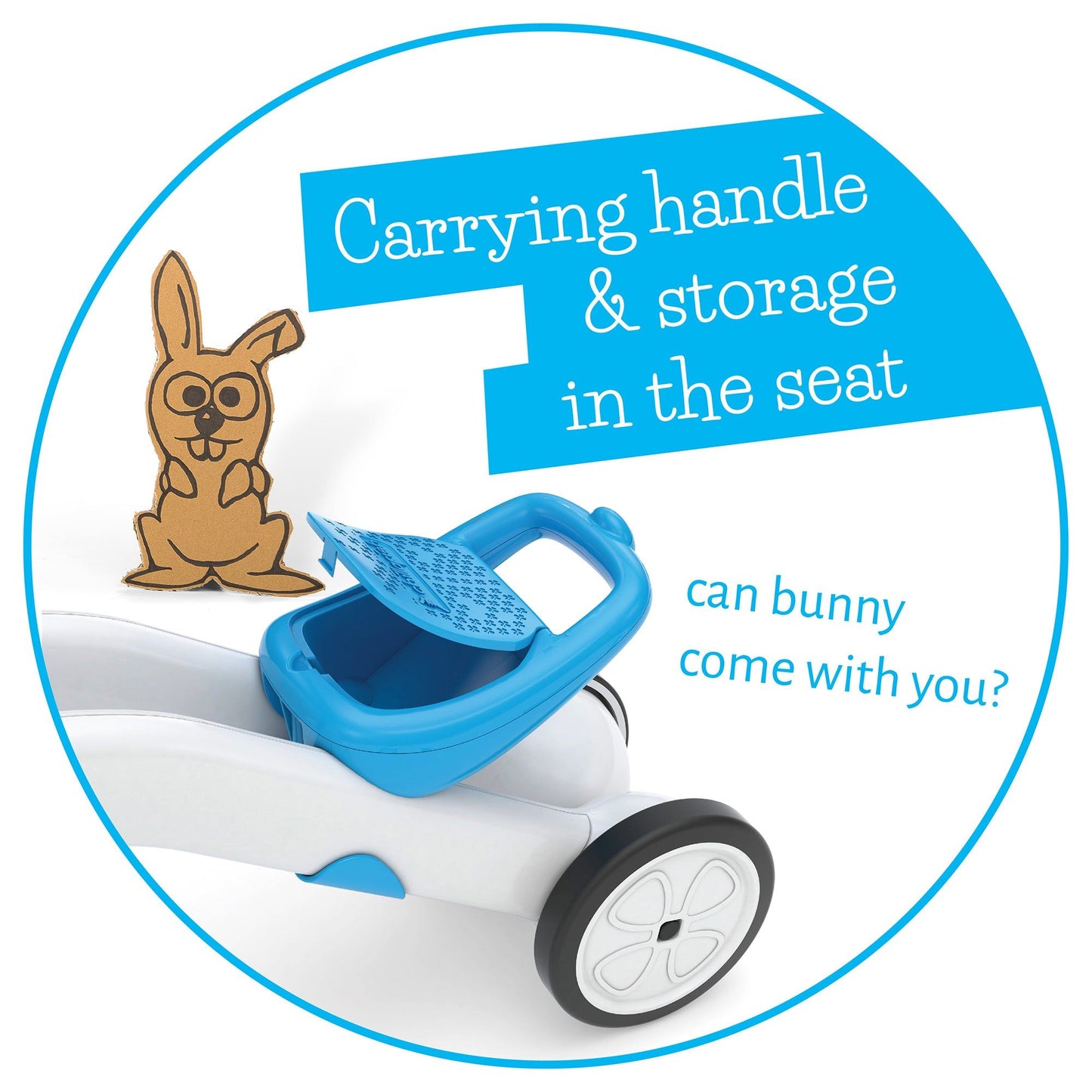Chillafish BUNZI Trike Blue carrying handle and storage in seat