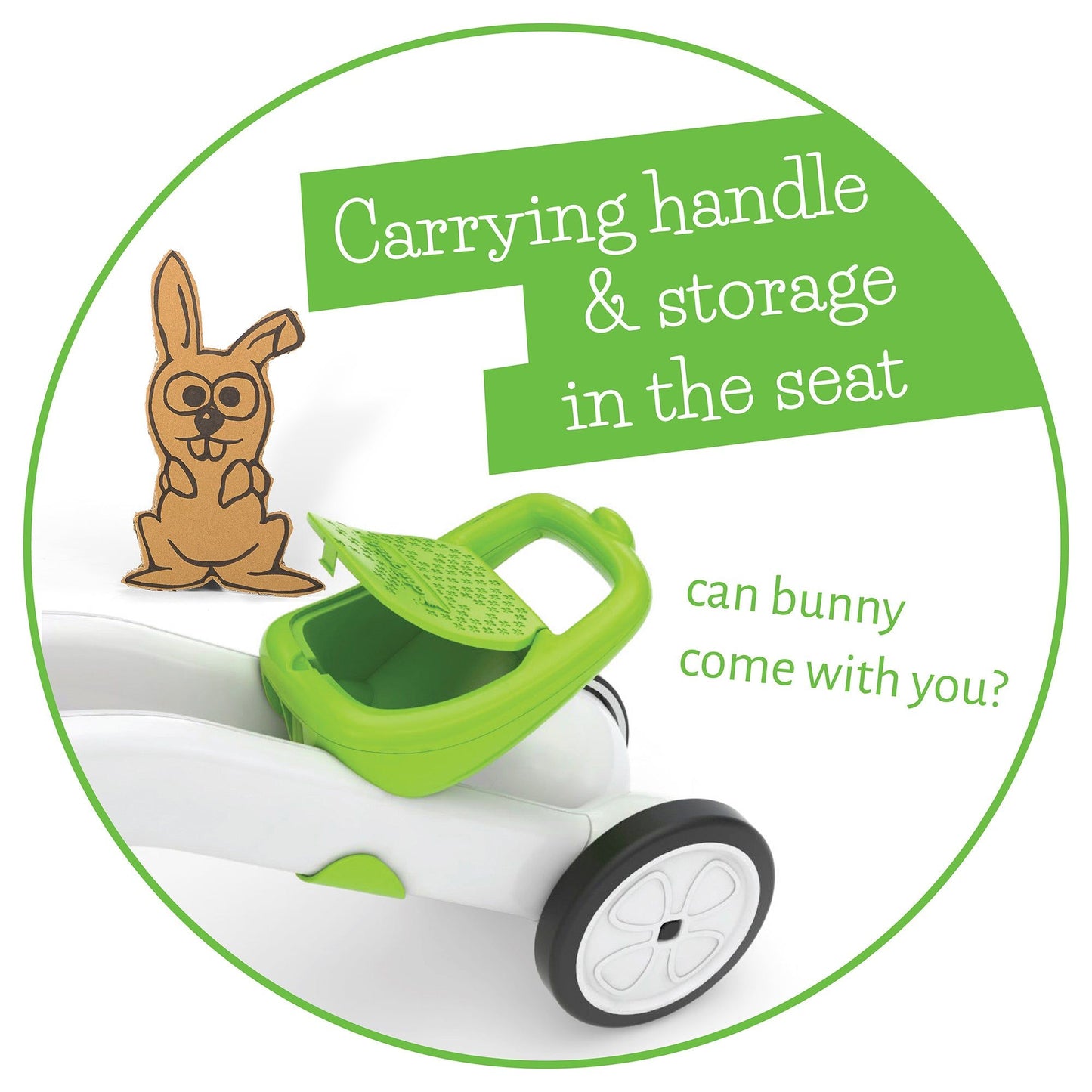 Chillafish BUNZI Trike Lime carrying handle and storage in seat