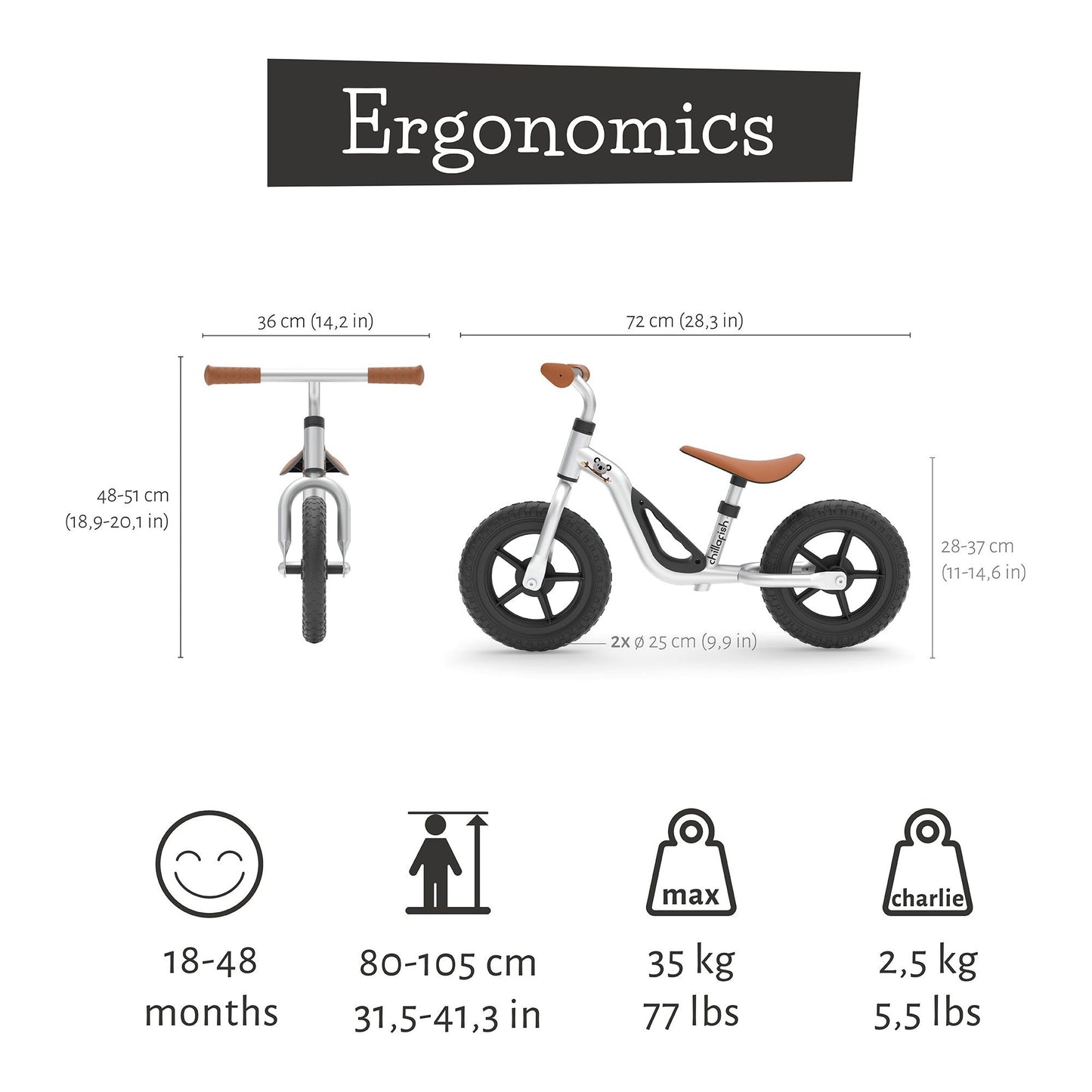 Chillafish Balance Bike Charlie Silver size and weight information