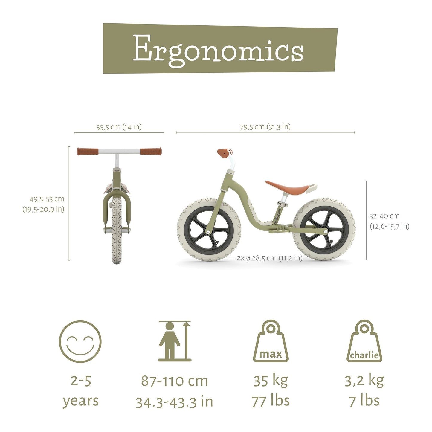 Chillafish Balance Bike Charlie LUX - Olive size and weight guide