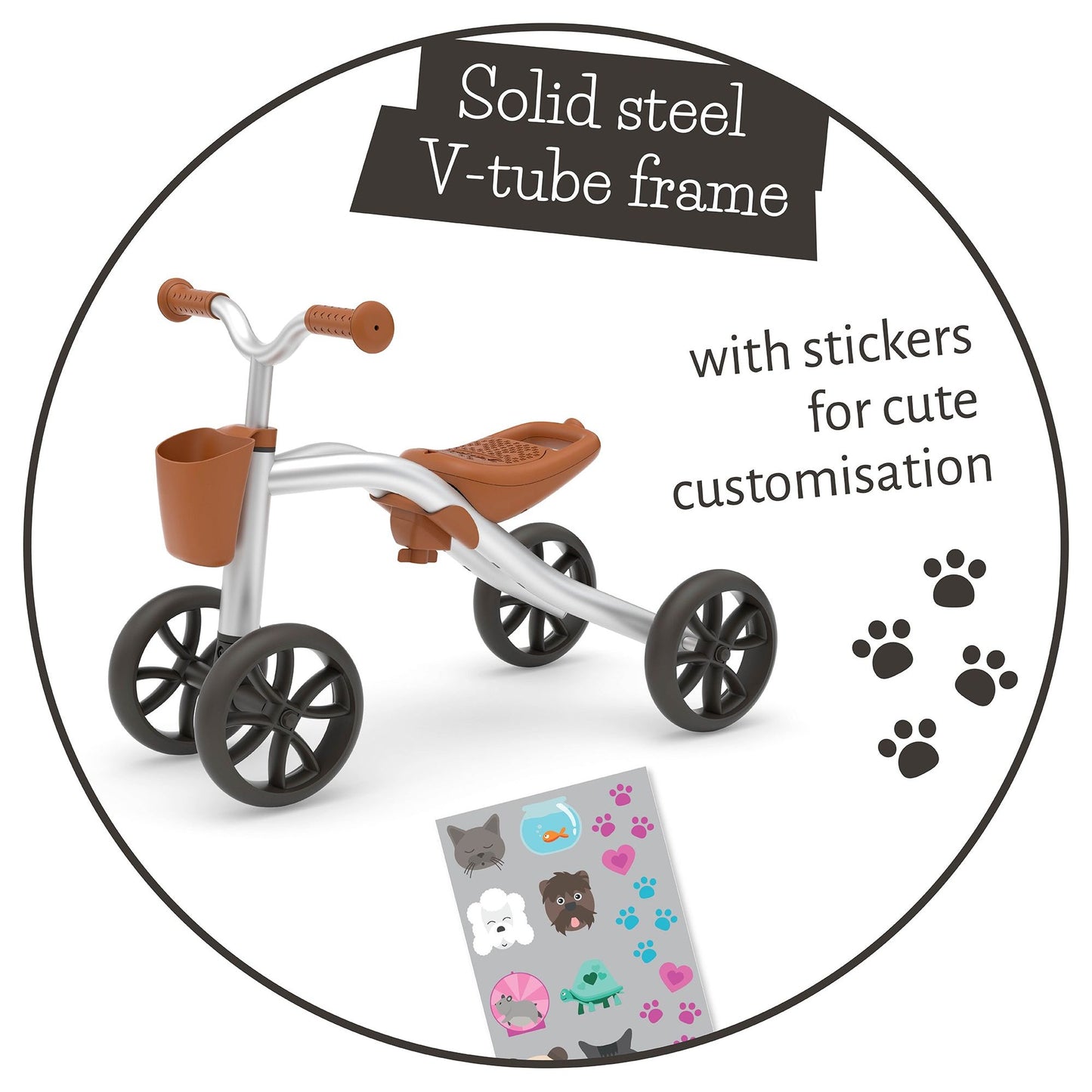 Chillafish Quadie 2 Ride-On and Basket Silver with solid steel v tube frame