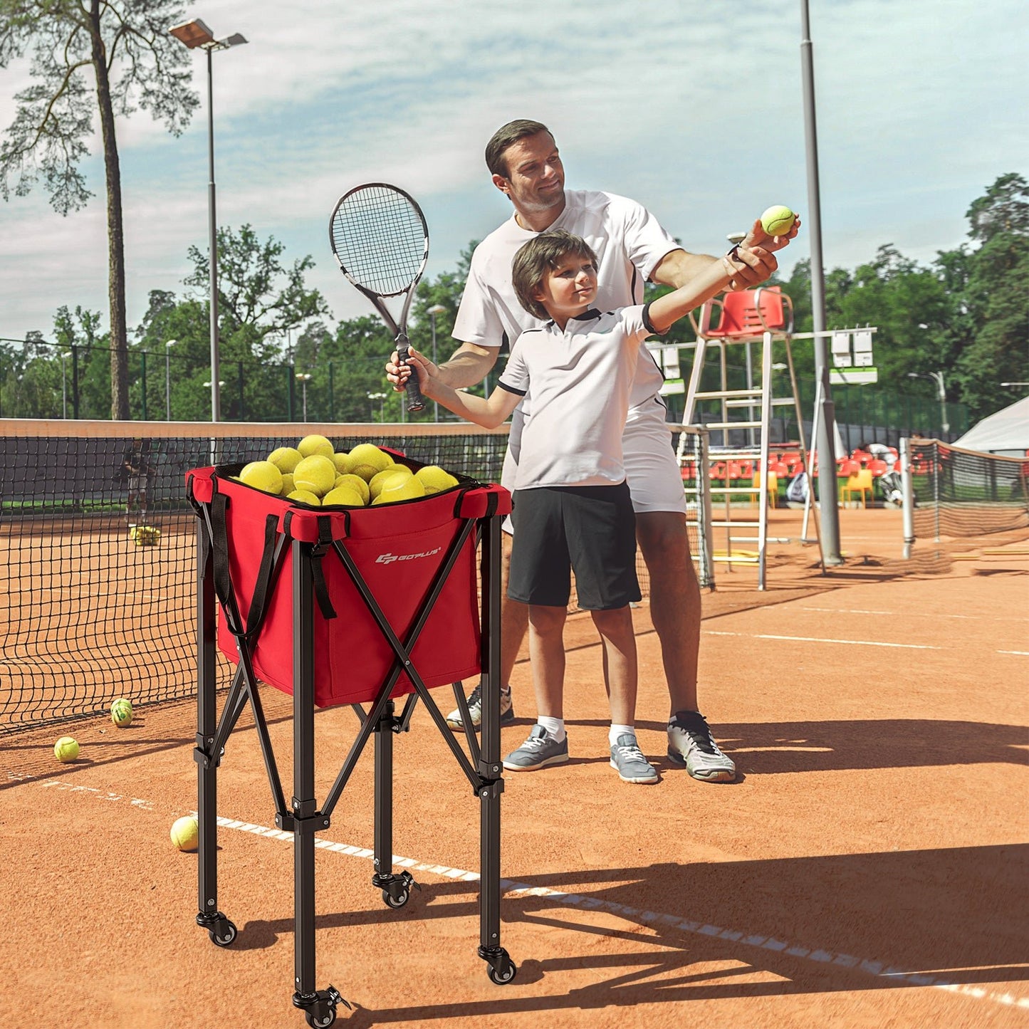 Foldable Aluminum Tennis Ball Cart Hopper Basket with Wheels-Red