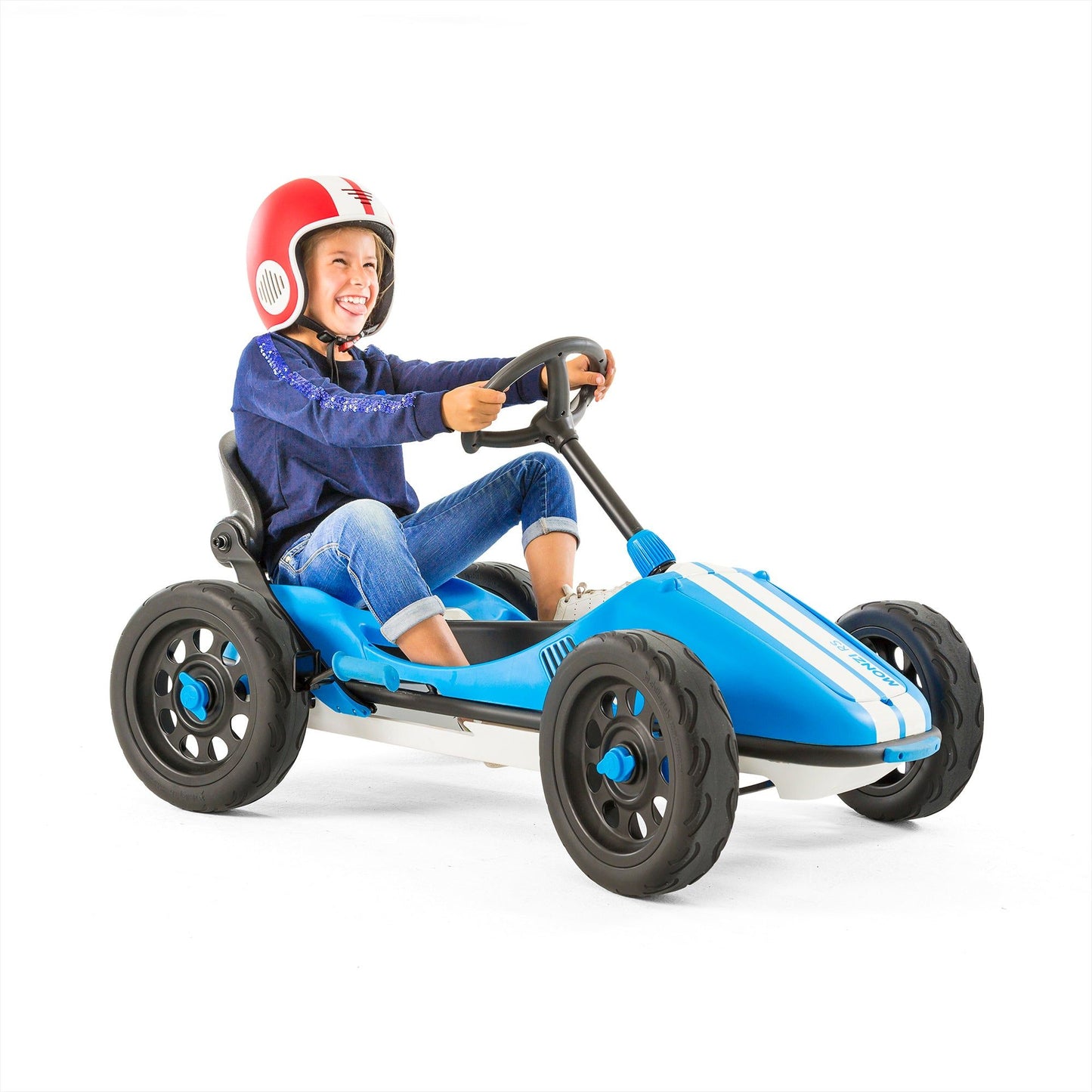 smiling boy driving Chillafish Kids Monzi Go Kart - Blue