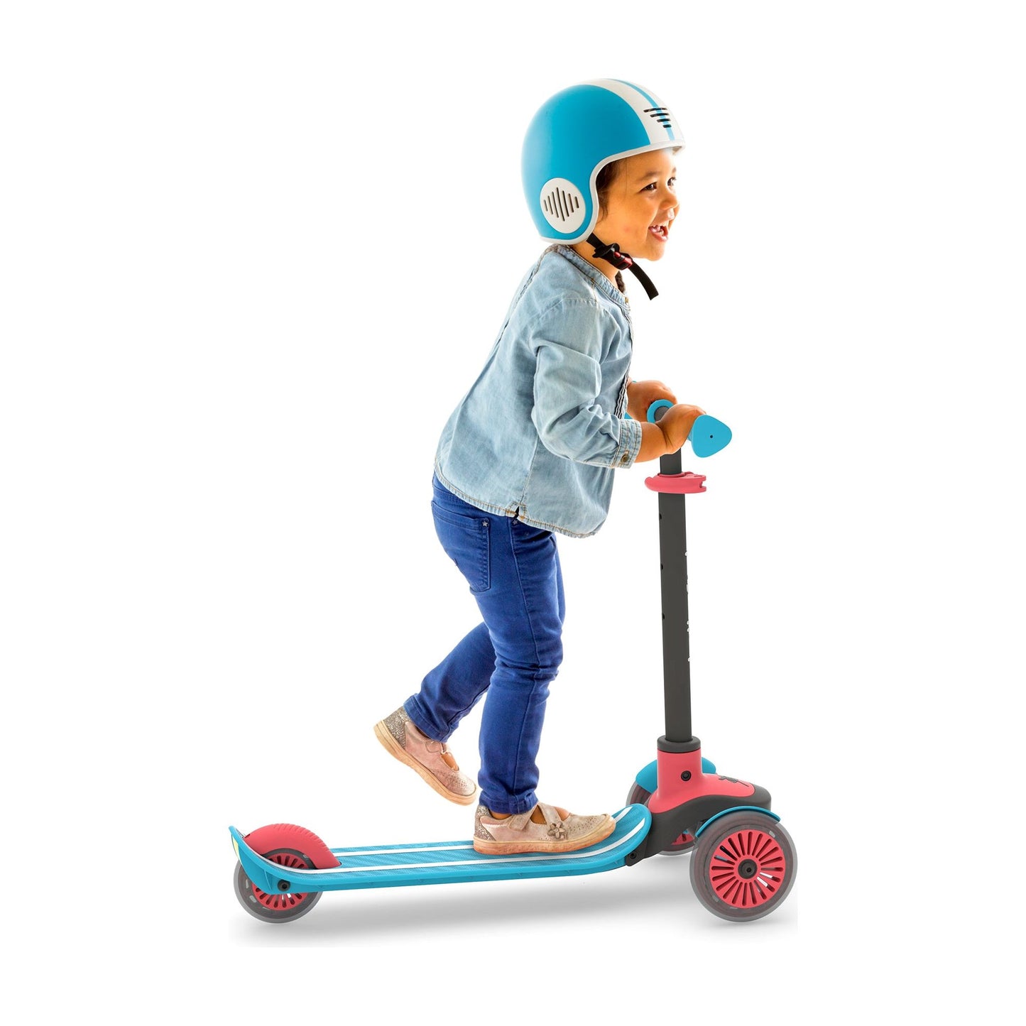 girl riding Chillafish Scotti Scooter Blue