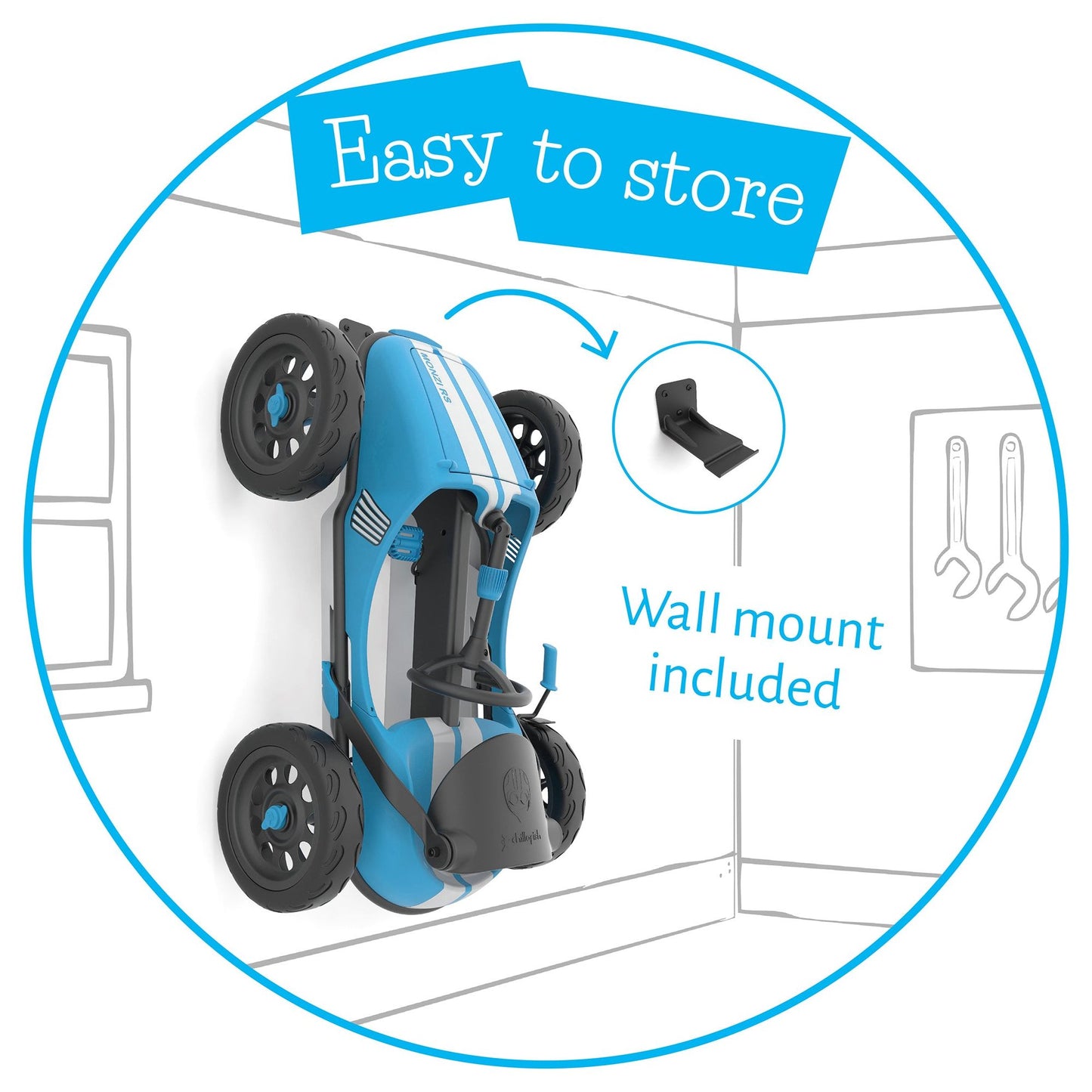 Chillafish Kids Monzi Go Kart - Blue wall mount storage diagram