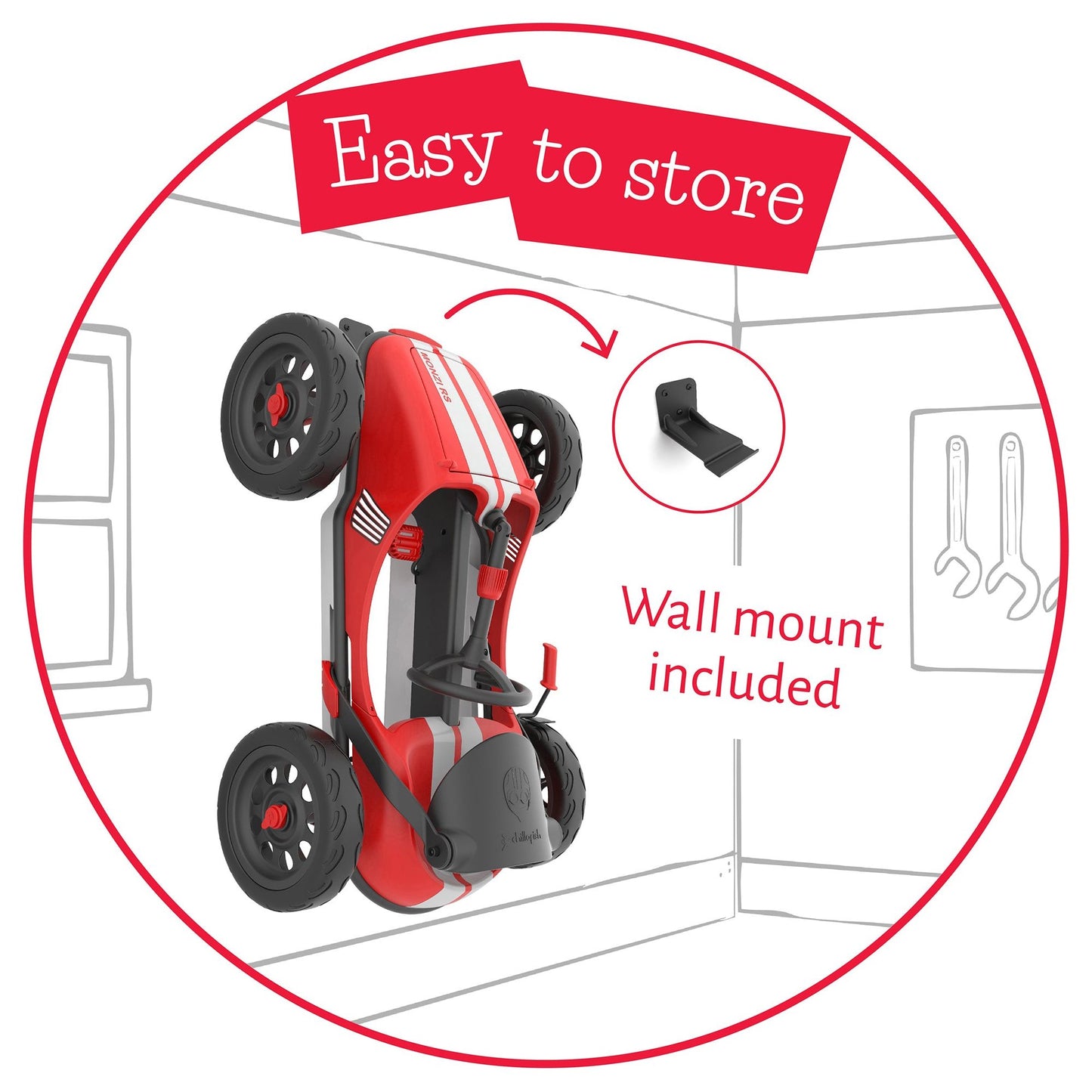 Chillafish Kids Go Kart Monzi - Red wall mount storage diagram