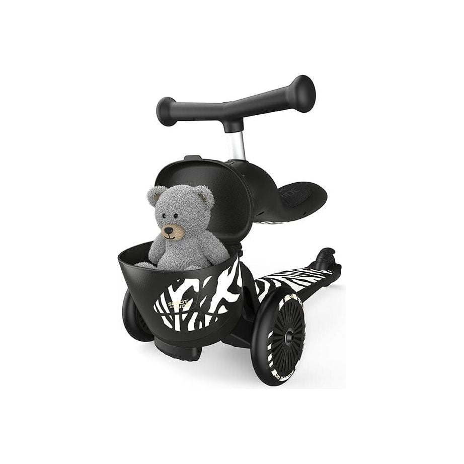 Scoot and Ride Highwaykick 1 Lifestyle Scooter - Zebra in seated position with teddy bear in front basket