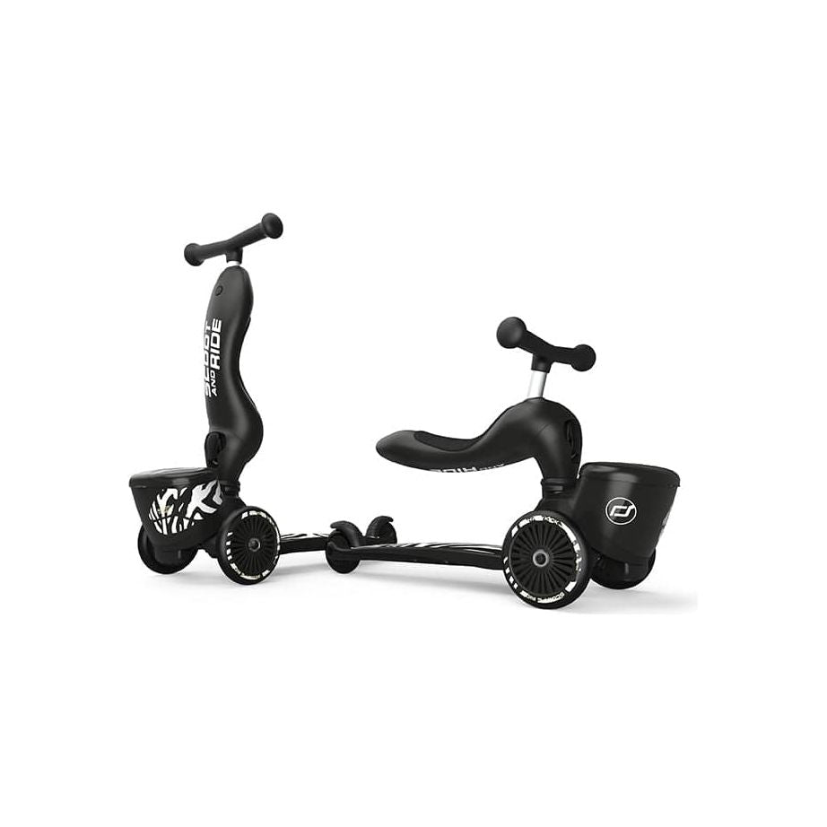 Scoot and Ride Highwaykick 1 Lifestyle Scooter - Zebra in seated and upright positions