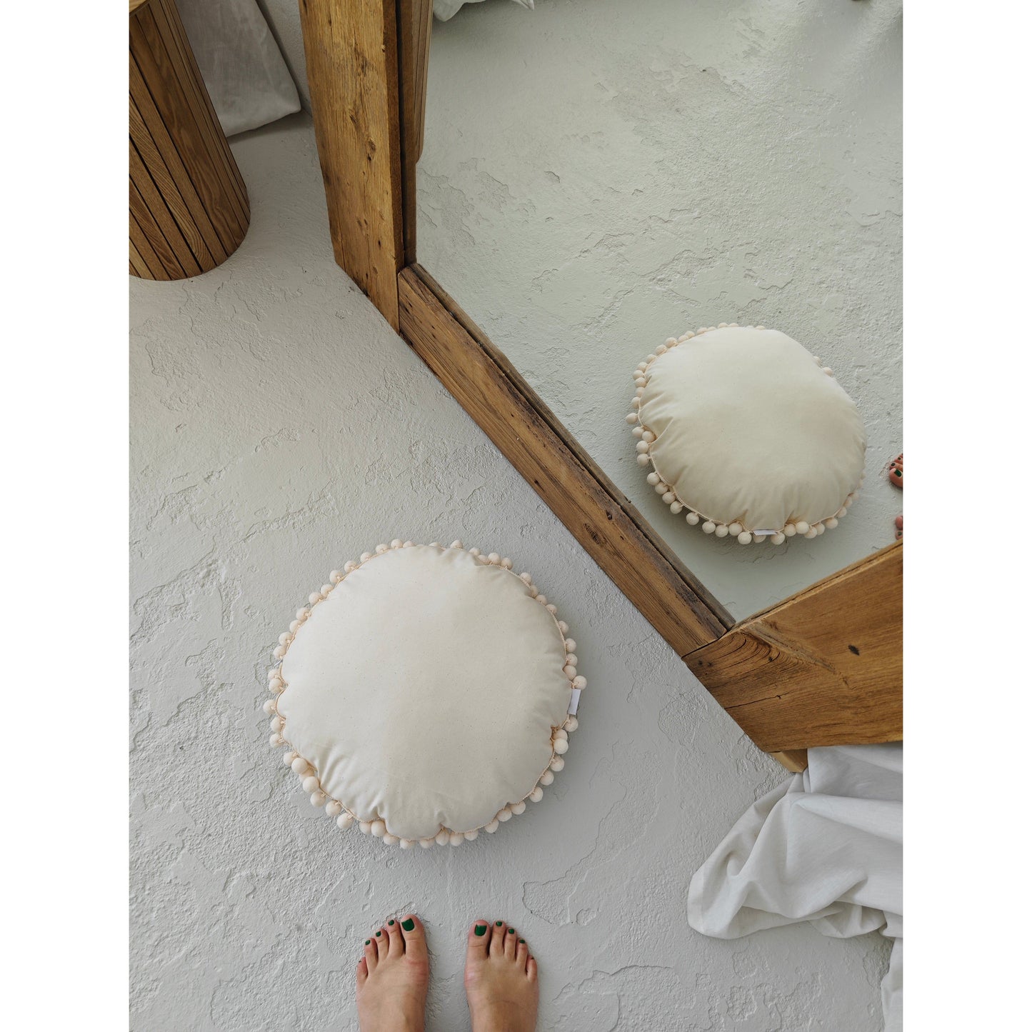 MINICAMP Throw Pillow in Ecru with Pompom trim