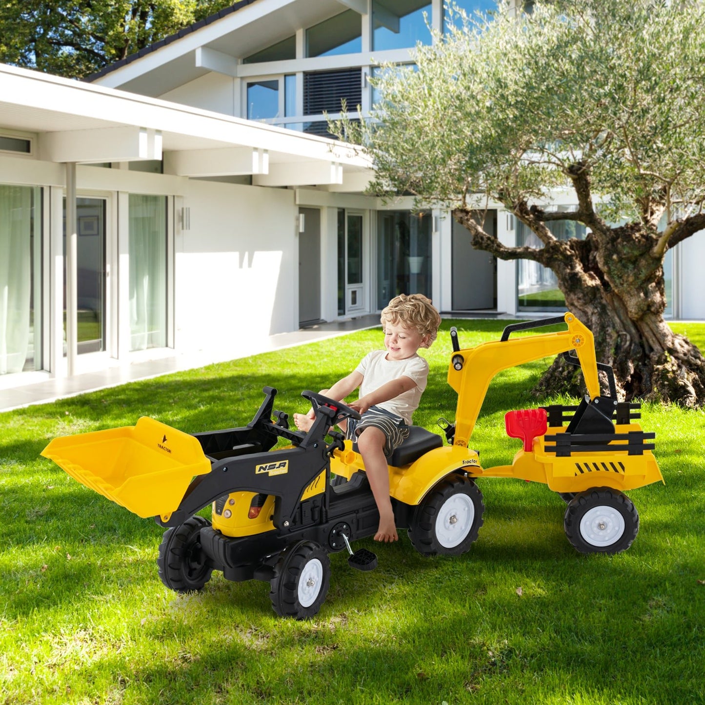 3-in-1 Kids Ride On Pedal Excavator with Detachable Trailer-Yellow