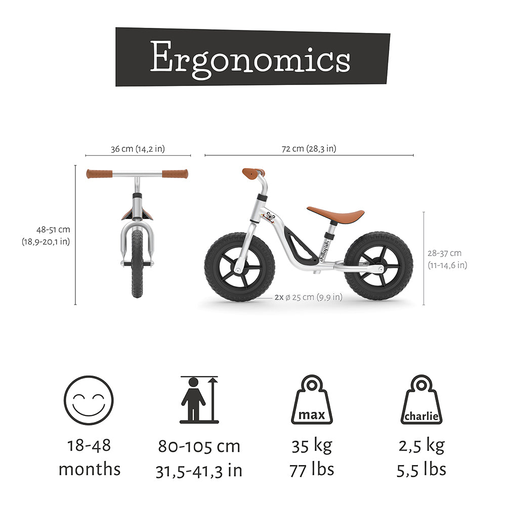 chillafish charlie balance bike dimensions, weight and age information