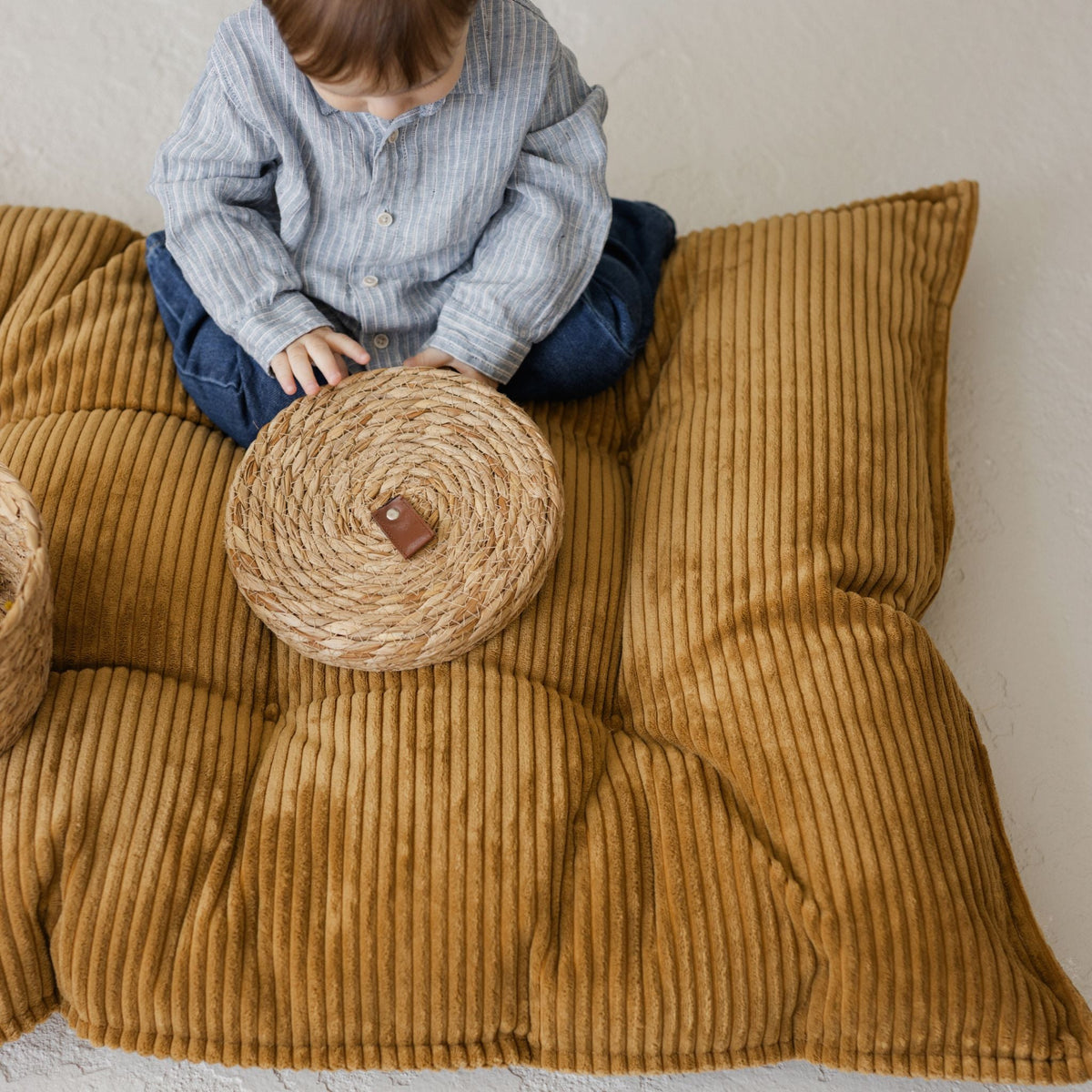 MINICAMP Tufted Corduroy Floor Cushion, French Style Pillow in Mustard