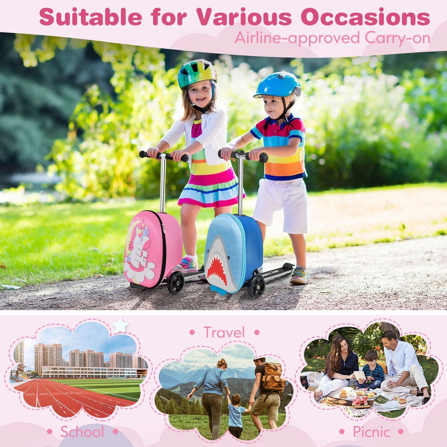 2-in-1 Folding Kids Scooter with Suitcase and 3 Color Lighted Wheels-Pink
