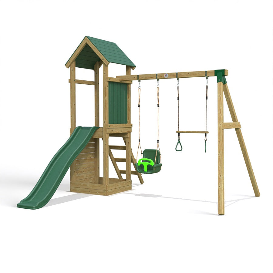 Little Rascals Wooden Climbing Frame & Double Swing Set with 3 in 1 Baby Seat & Trapeze Bar.