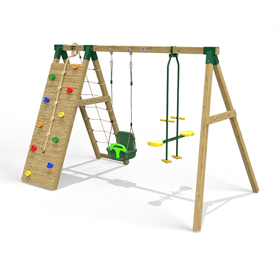 Little Rascals Wooden Double Swing set with Climbing Wall/Net, 3 in 1 Baby Seat & Glider