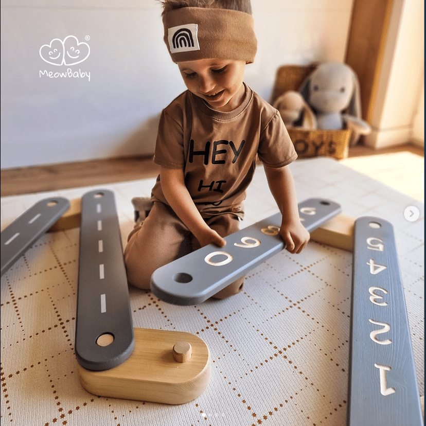 child with Wooden Balance Beam - 4 Piece Set in grey