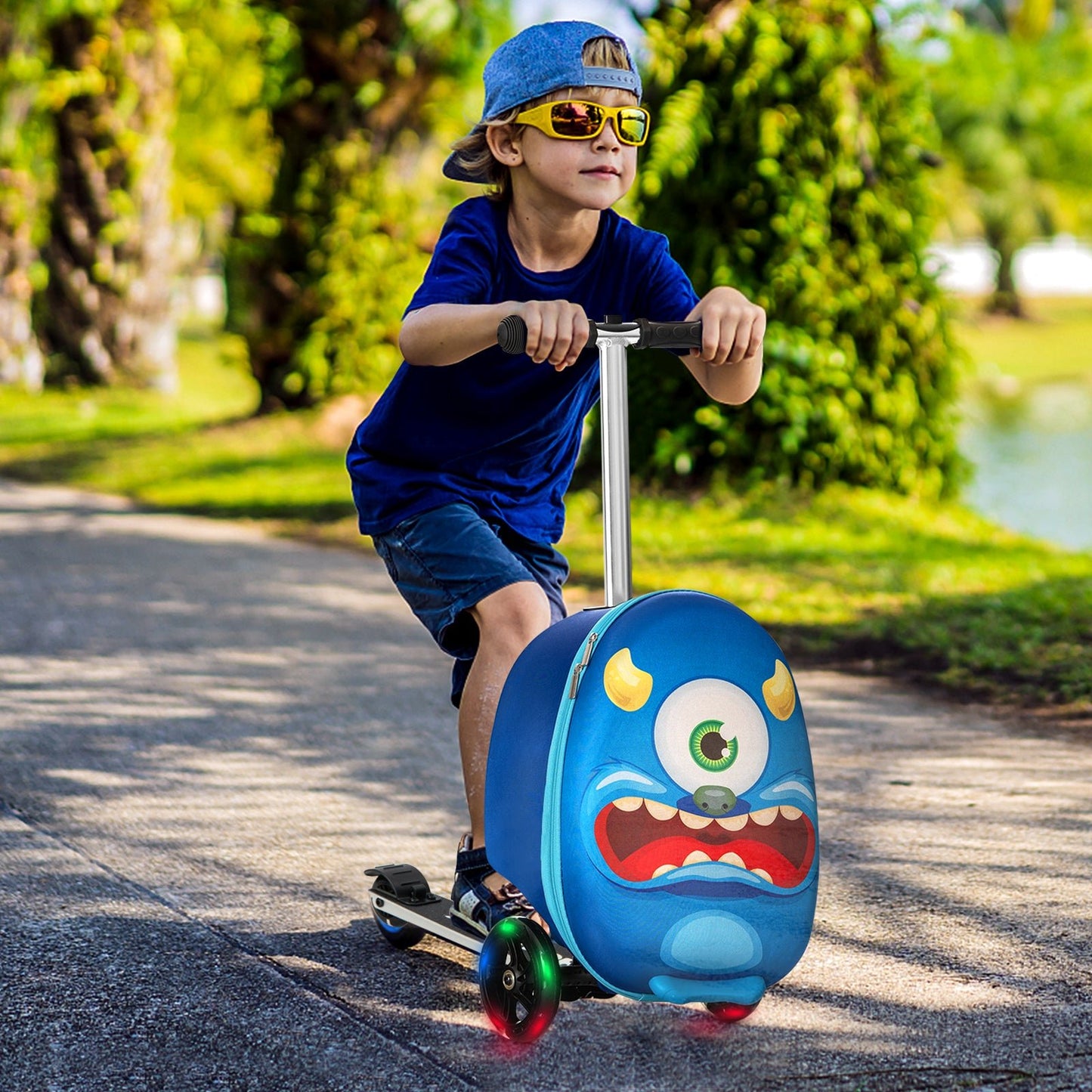 2-in-1 Folding Kids Scooter with Suitcase and 3 Color Lighted Wheels-Navy Monster