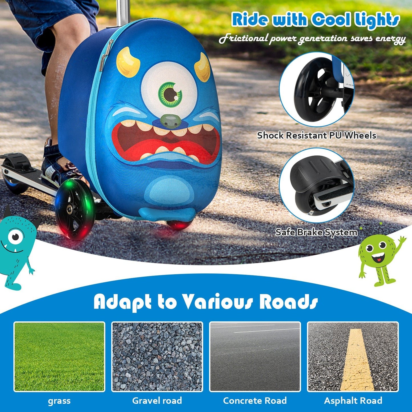 2-in-1 Folding Kids Scooter with Suitcase and 3 Color Lighted Wheels-Navy Monster