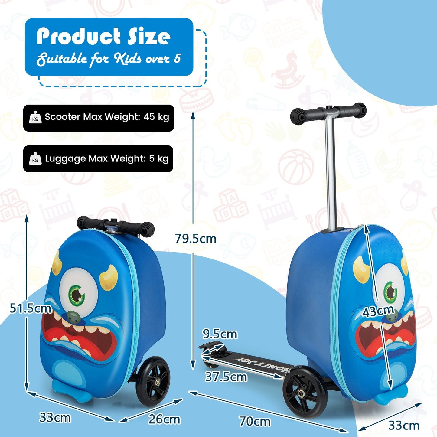 2-in-1 Folding Kids Scooter with Suitcase and 3 Color Lighted Wheels-Navy Monster