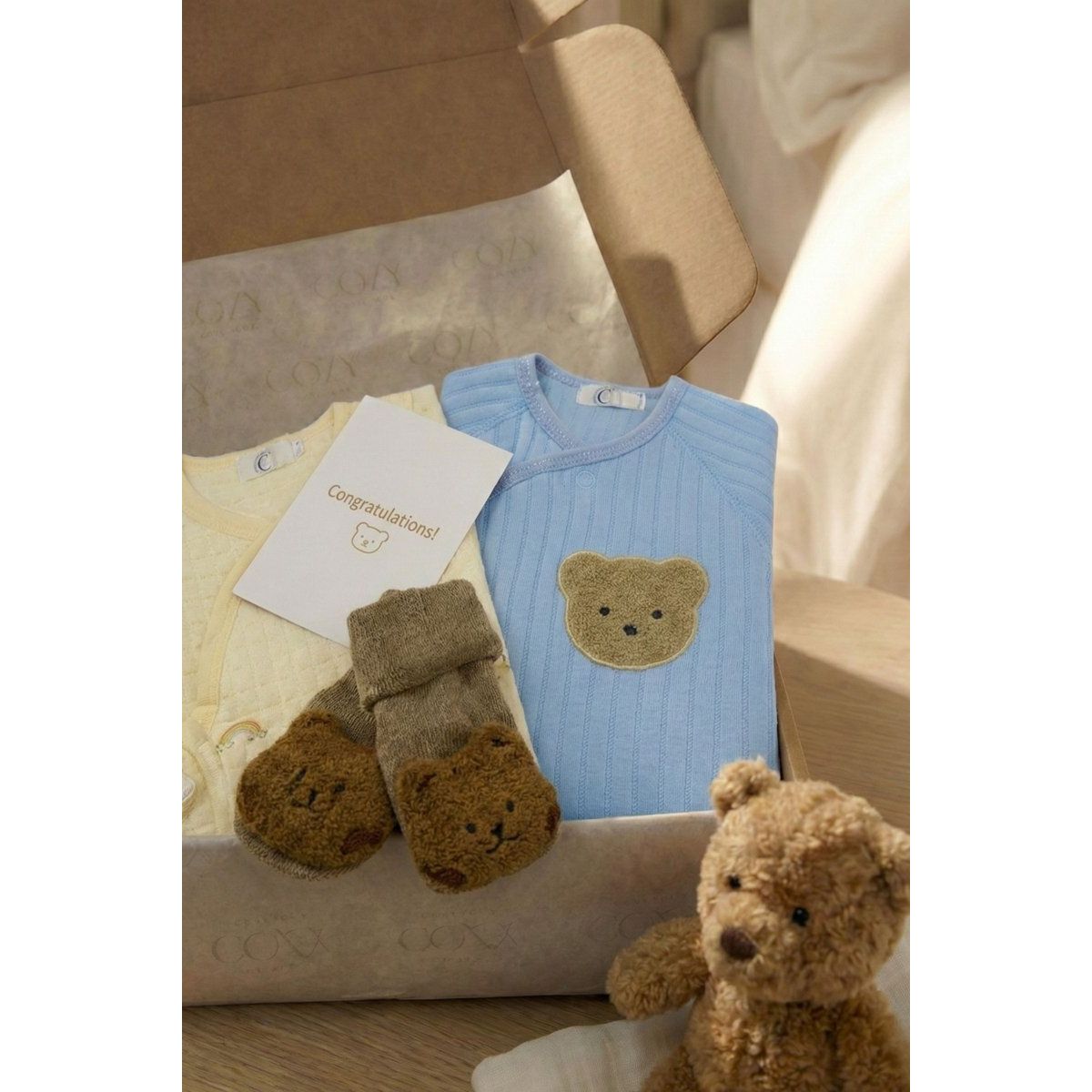 The Cozy Blue Boucle Baby Bear & Blue Rainbow Personalised Gift Box