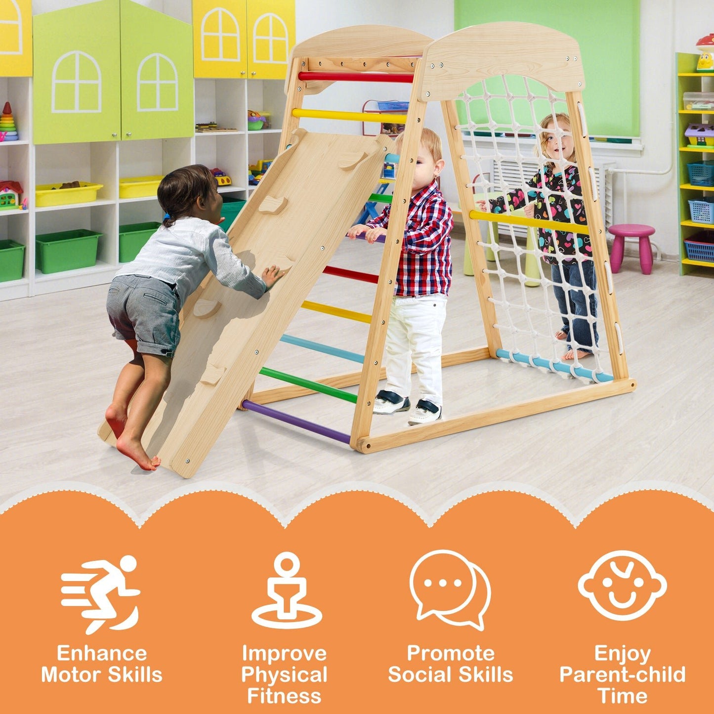 6-in-1 Jungle Gym Wooden Indoor Playground with Double-sided Ramp-Multicolor
