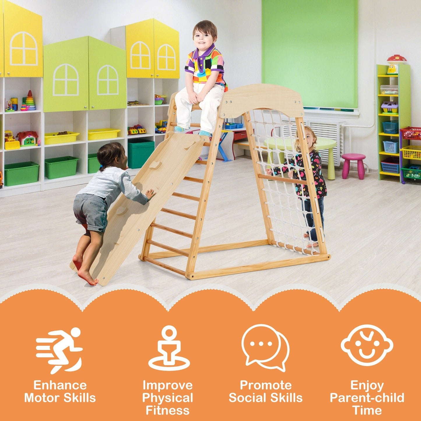 6-in-1 Jungle Gym Wooden Indoor Playground with Double-sided Ramp-Natural