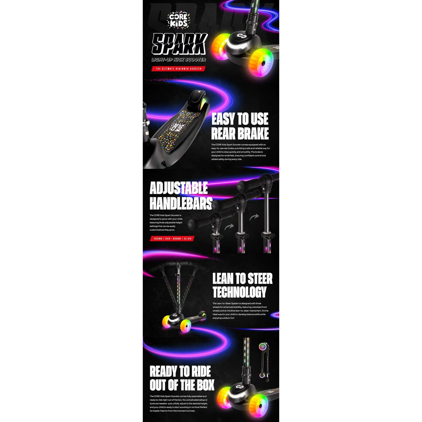 CORE Kids Spark 3 Wheel Scooter (LED Wheel/Bar/Deck) - Black