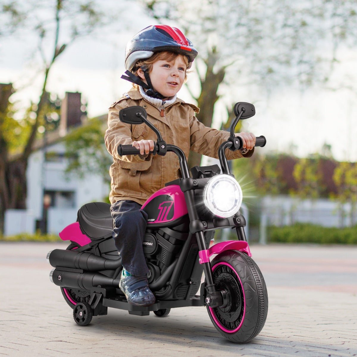 Battery Powered Motorbike with Training Wheels and Threaded Tires for Toddlers-Pink
