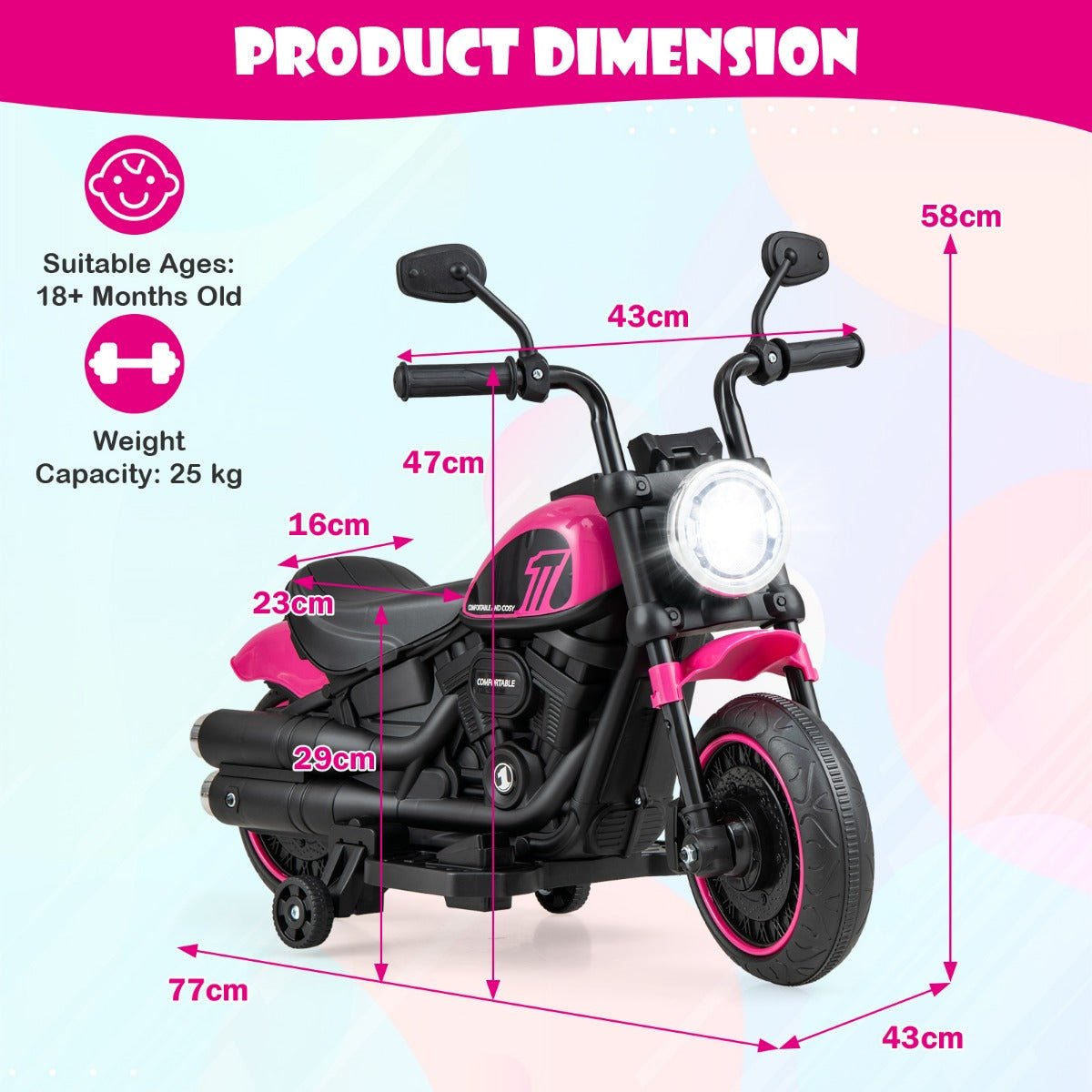 Battery Powered Motorbike with Training Wheels and Threaded Tires for Toddlers-Pink