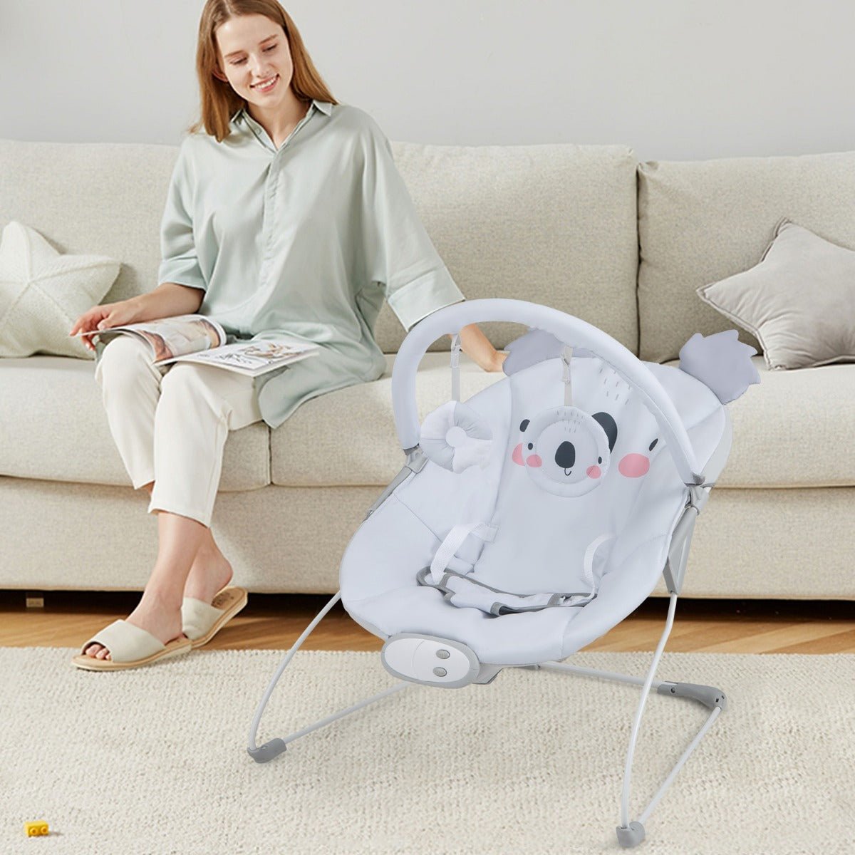 Portable Baby Bouncer with Detachable Toy Bar for Babies 0-6 Months Old up to 9 kg-Grey - The Online Toy Shop - Costway - 2