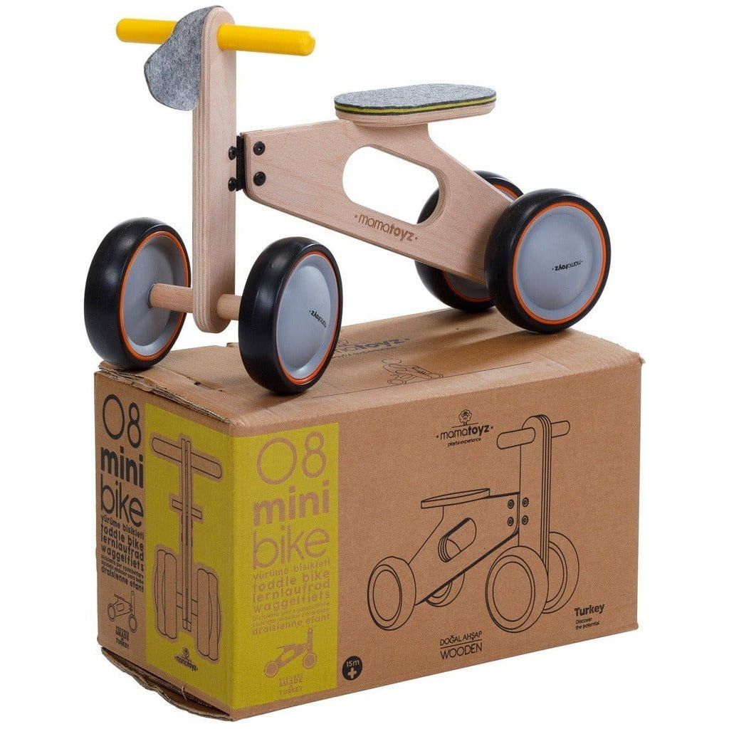 Mama Toyz Wooden Mini Bike Age 15 Months + on top of box close up