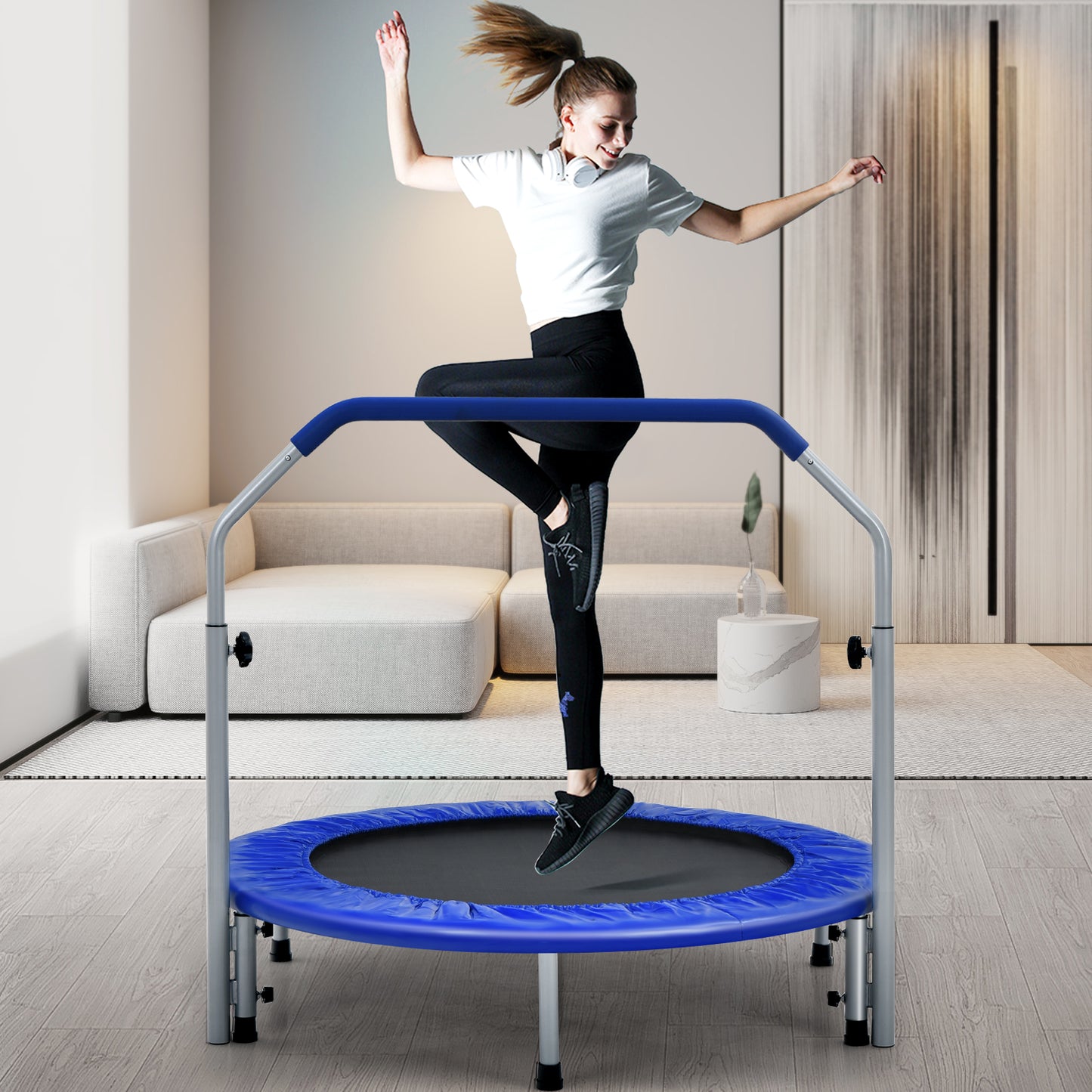 101cm Foldable Trampoline with 4-Level Adjustable Handle for Adults-Blue
