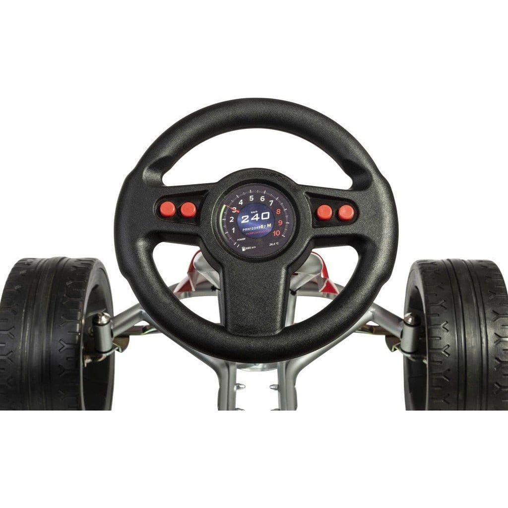 close up of steering wheel from red Ferbedo X-Racer Go Kart