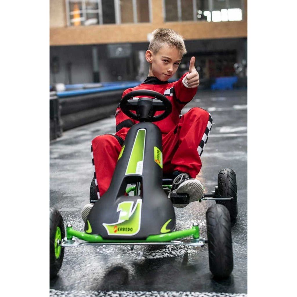 boy with thumb up while sitting on Ferbedo AR8G Go Kart in black and green