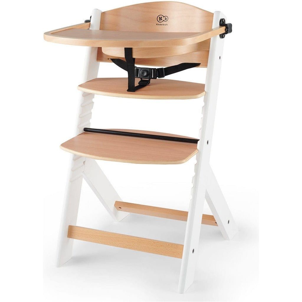 Kinderkraft Enock High Chair - White Wood front with tray and safety harness