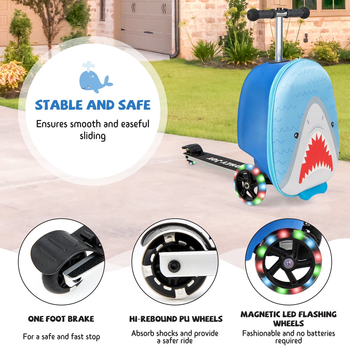 2-in-1 Folding Kids Scooter with Suitcase and 3 Color Light-Up Wheels-Blue