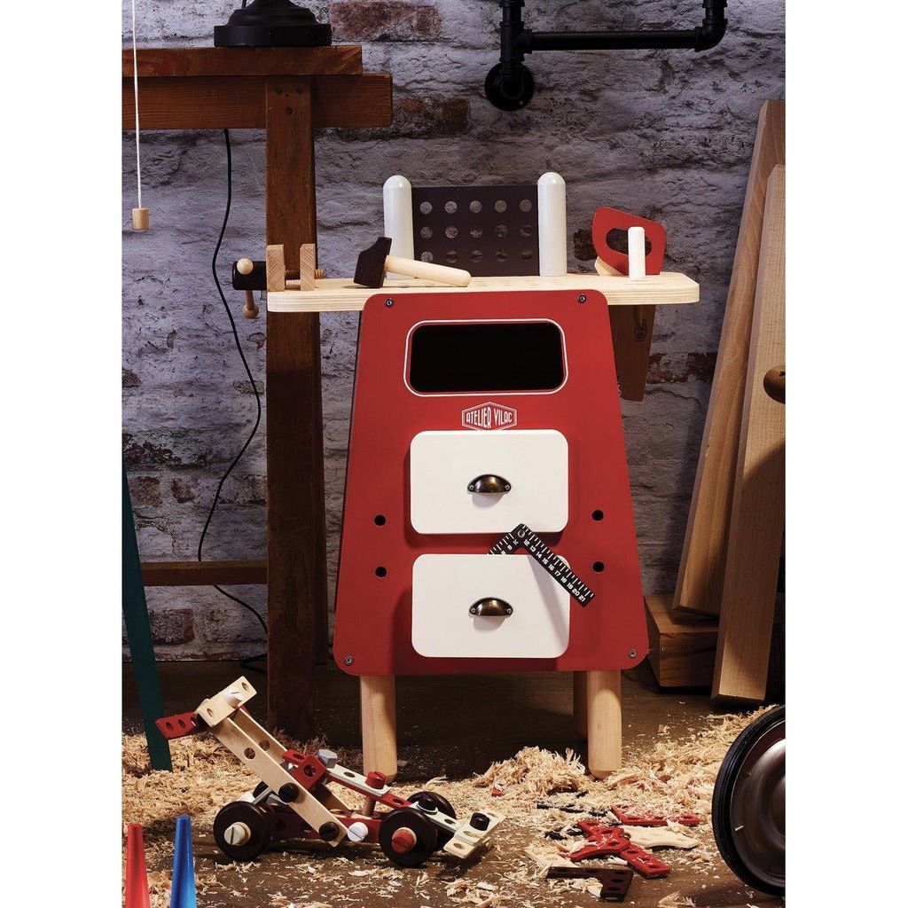 close up of Vilac Wooden Workbench in workshop