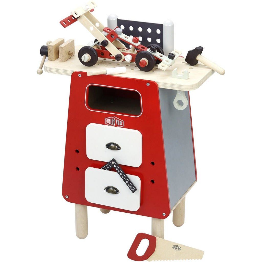 Vilac Wooden Workbench front with racing car on top