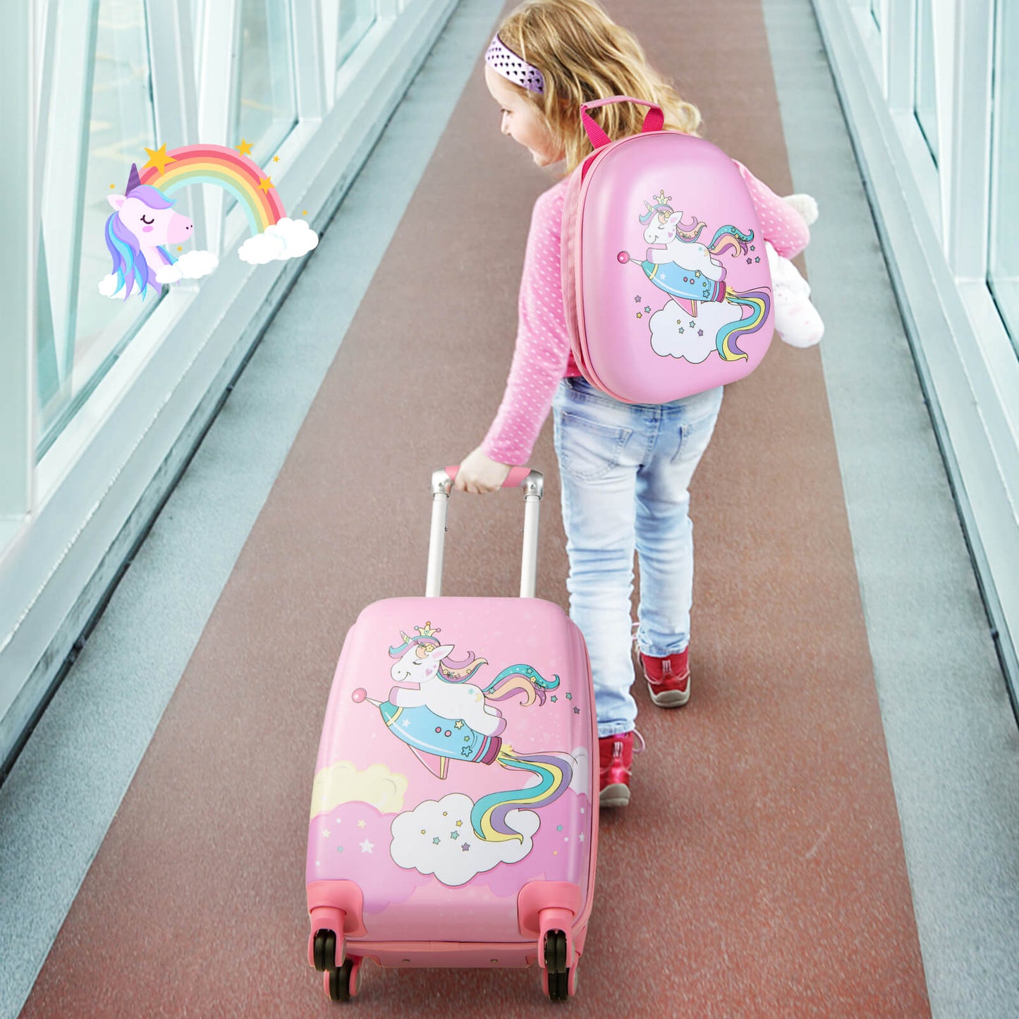 2 Piece Kids Luggage Set with Spinner Wheels - Pink Unicorn