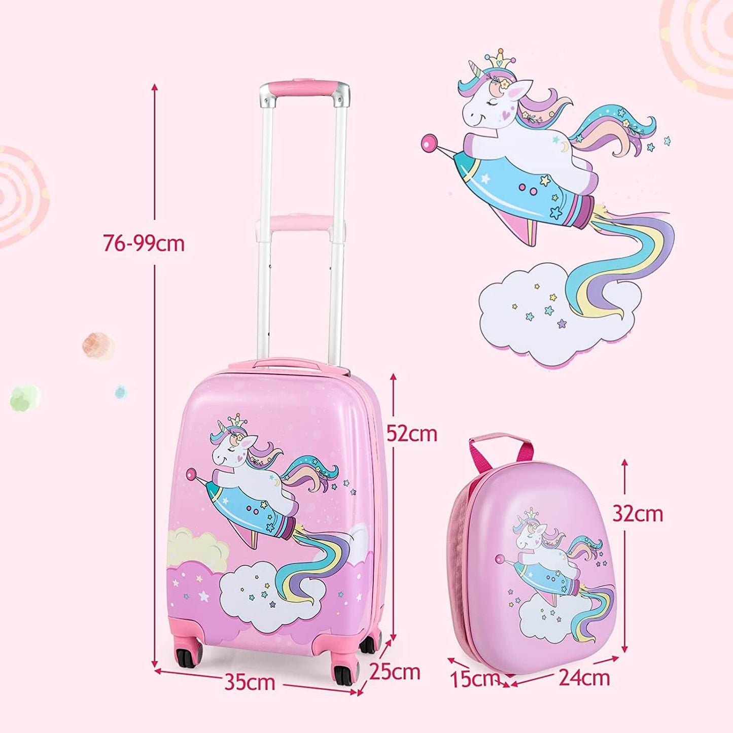 2 Piece Kids Luggage Set with Spinner Wheels - Pink Unicorn