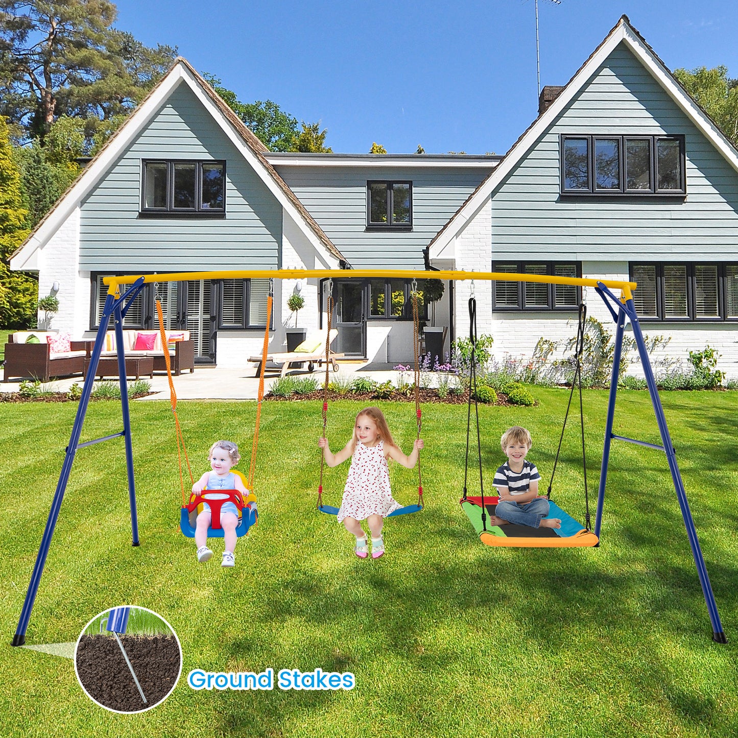 300 kg Indoor Outdoor Swing Set Carbon Steel Swing Frame-Blue & Yellow